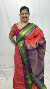 Vriksham Vibrant Coral Pink With Green & Purple Zari Border Kanchi Silk Saree-VS4790